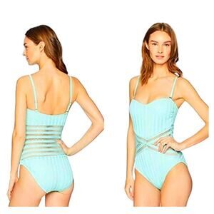 Kenneth Cole Sz S Aqua Blue Removable Straps One Piece Swimsuit Crochet Coastal
